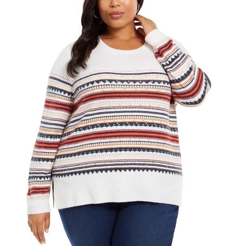 Style & Co Womens Plus 3X Warm Ivory Fair Isle Striped Crew Neck Sweater NWTBQ82